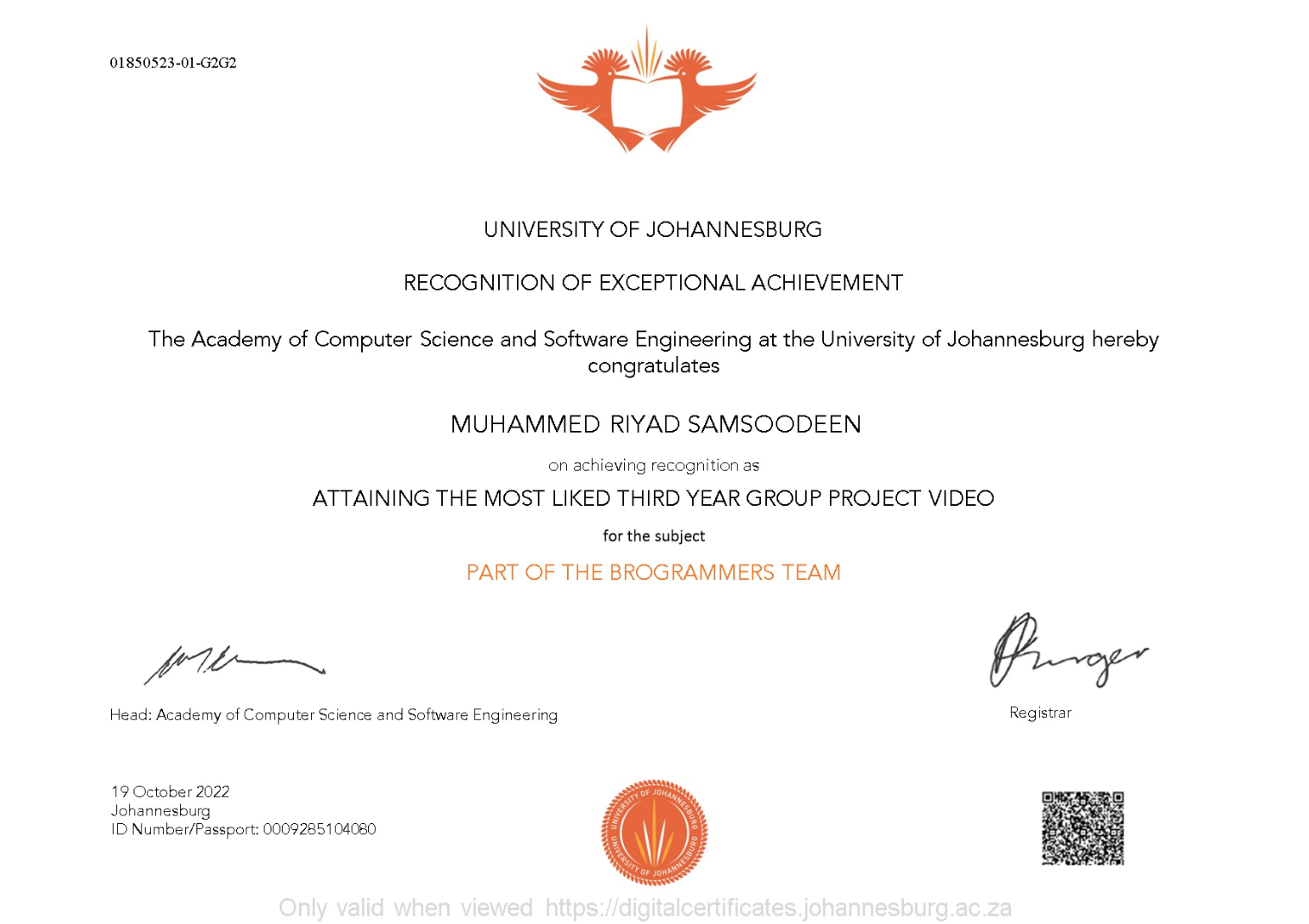 University of Johannesburg Group Project Certificate